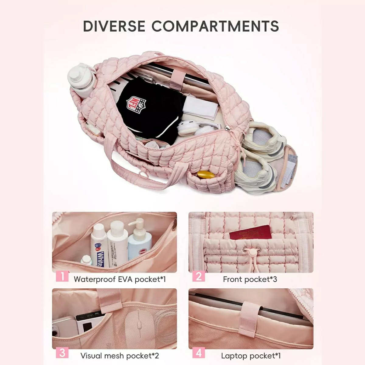 CLUCI Lux Quilted Weekender Bag with Shoe Compartment - Pink