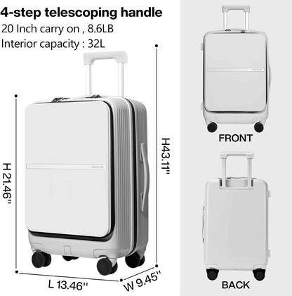 HANKE 20" Carry-On Luggage with Front Pocket - Easy Access - White