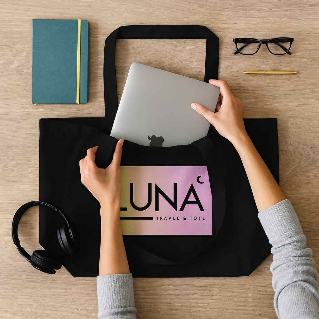 Large Eco Tote with Chic Pink/Yellow Luna Travel & Tote Logo