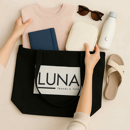 Large Eco Tote with Sleek Black/White Luna Travel & Tote Logo
