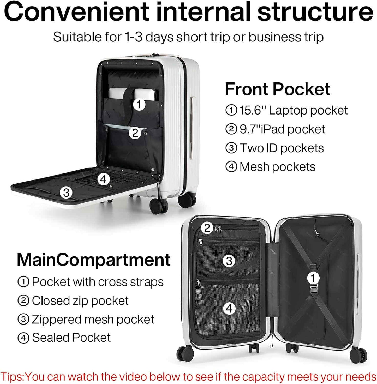 HANKE 20" Carry-On Luggage with Front Pocket - Easy Access - White