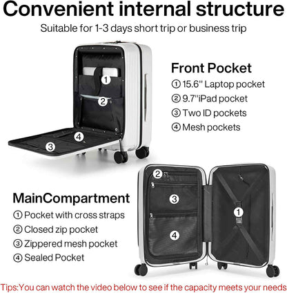 HANKE 20" Carry-On Luggage with Front Pocket - Easy Access - White
