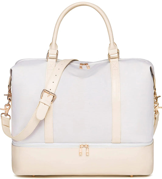 Chic Women's Weekender with Shoe Pocket - White & Cream