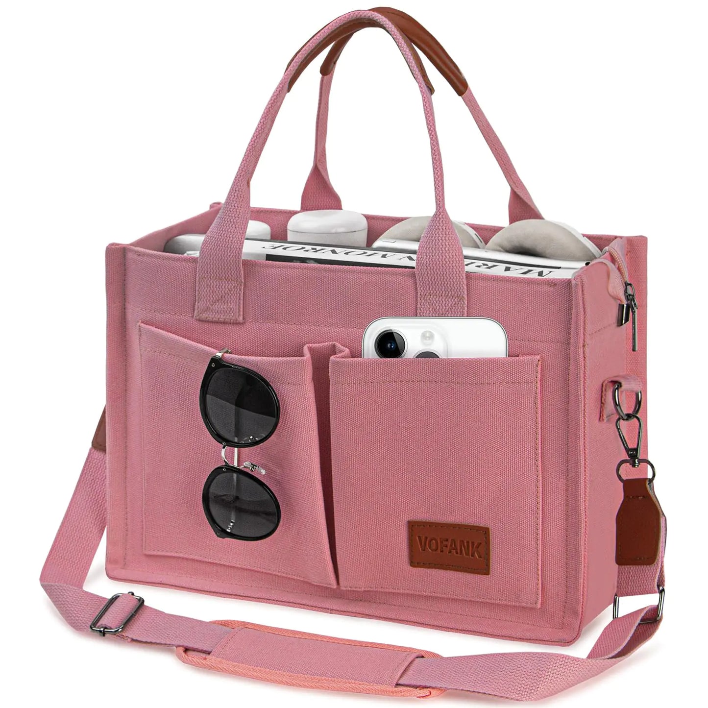 VOFANK Chic Zippered Canvas Multipocket Work Tote - Pink