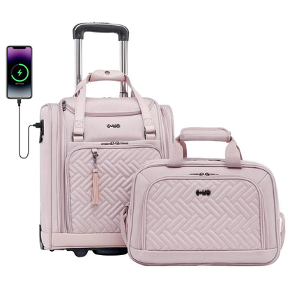 COOLIFE Stylish Softside Carry-On with USB Port and Matching Travel Tote - Pink