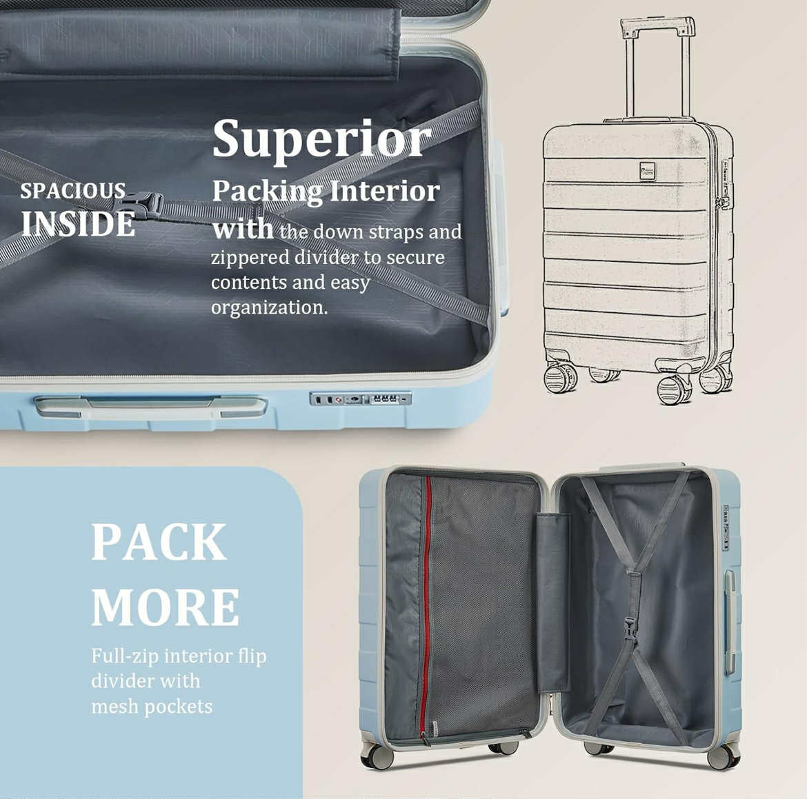 IMIOMO Sleek 20” Spinner Carry-On with TSA Lock - 3 Piece Set - Blue