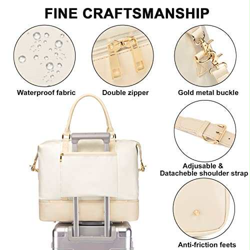 Chic Women's Weekender with Shoe Pocket - White & Cream