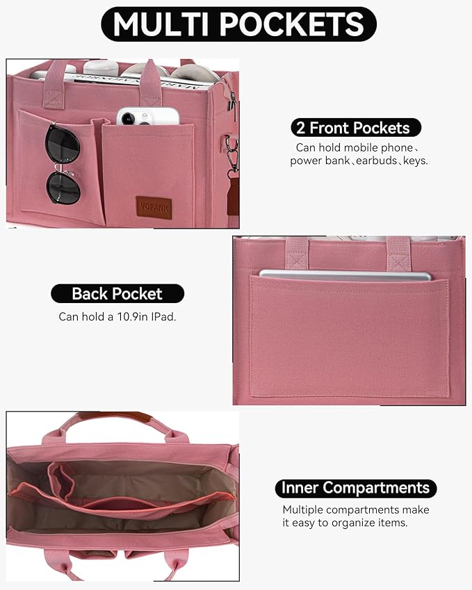 VOFANK Chic Zippered Canvas Multipocket Work Tote - Pink