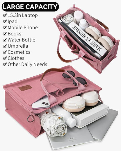 VOFANK Chic Zippered Canvas Multipocket Work Tote - Pink