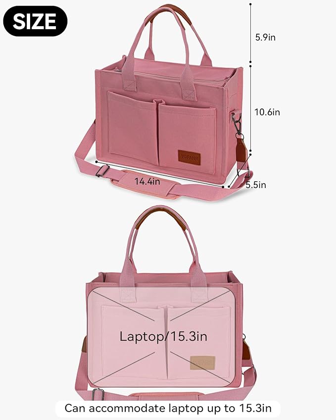 VOFANK Chic Zippered Canvas Multipocket Work Tote - Pink