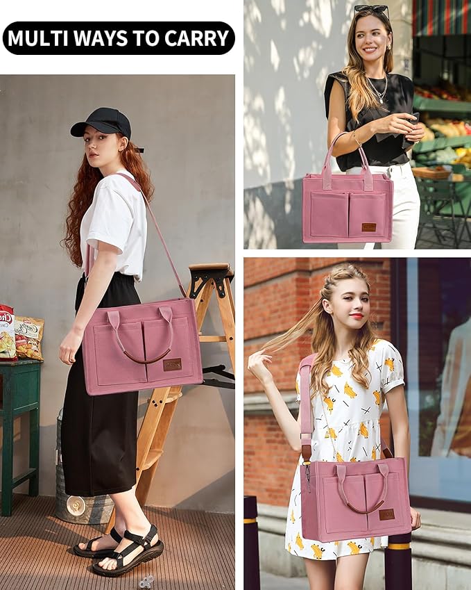 VOFANK Chic Zippered Canvas Multipocket Work Tote - Pink