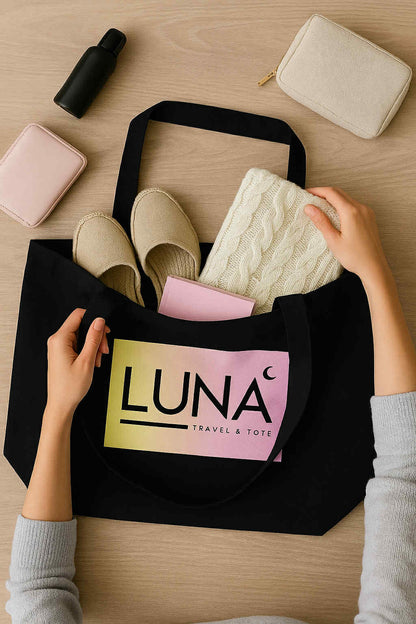 Large Eco Tote with Chic Pink/Yellow Luna Travel & Tote Logo