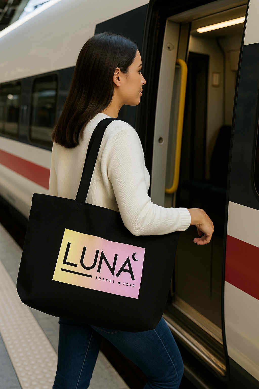 Large Eco Tote with Chic Pink/Yellow Luna Travel & Tote Logo