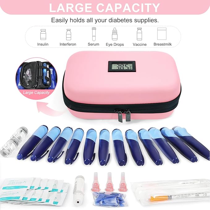 WULUMU Chic Pink Insulin Travel Cooler with Digital Display - TSA Approved